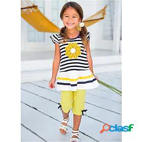 Girls Clothing Set Short Sleeve Yellow Print Striped Solid