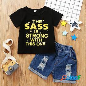 Kids Girls Clothing Set Short Sleeve 2 Pieces Black Print