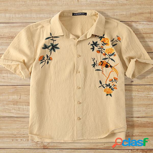 Manica corta da uomo ricamata con fiori Camicia