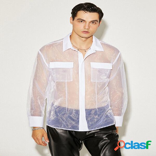 Mens Mesh See Through Patchwork Pocket Camicia