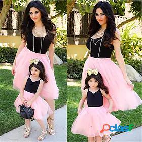 Mommy and Me Dresses Color Block Mesh Black Gray Pink Midi