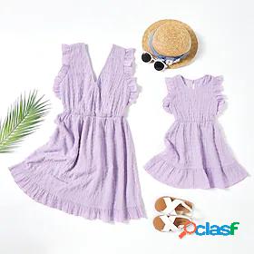 Mommy and Me Dresses Family Sets Causal Solid Color Ruched