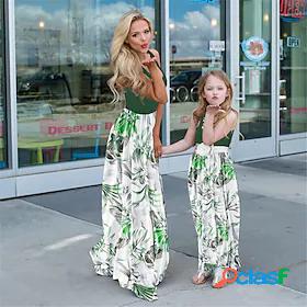 Mommy and Me Dresses Floral Print Green Maxi Sleeveless