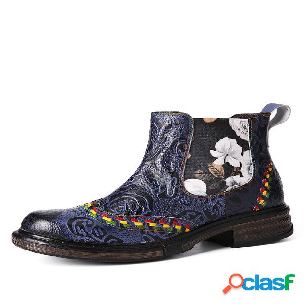 Socofy Retro Floral Embossing Leather Patchwork Comode