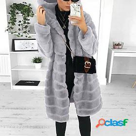 Womens Faux Fur Coat Fur Trim Regular Coat White Black Gray