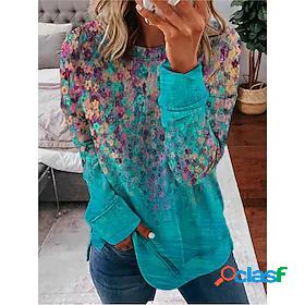 Womens Flower Sweatshirt Crew Neck Patchwork Print 3D Print