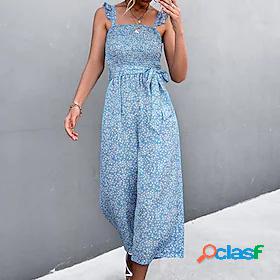 Women's Jumpsuit Floral Backless Lace up Casual Square Neck