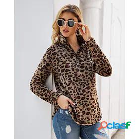 Womens Leopard Brown Sweatshirt Fleece Hoodie Quarter Zip