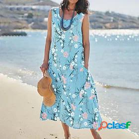 Womens Midi Dress A Line Dress Light Blue Sleeveless Pocket