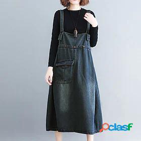Womens Midi Dress Shift Dress Blue Sleeveless Pocket Button