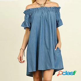 Womens Short Mini Dress Denim Dress Dark Blue Light Blue