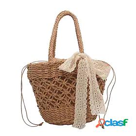 Womens Straw Tote Shoulder Bag Buttons Zipper Daily Outdoor