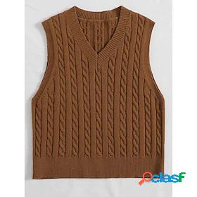 Womens Sweater Vest Jumper Cable Knit Knitted V Neck Solid