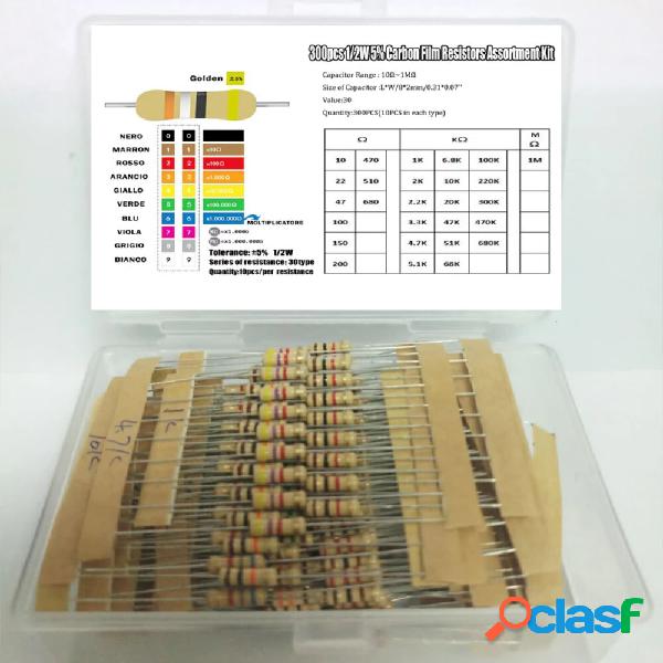 300PCS 30Values 10Ω-1MΩ 1/2W 5% Kit assortimento di