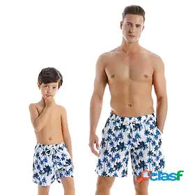 Dad and Son Swimsuit Sports Outdoor Graphic Leaf Print Blue