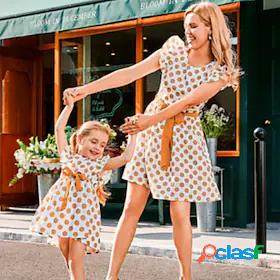 Mommy and Me Dresses Street Polka Dot Drawstring Yellow