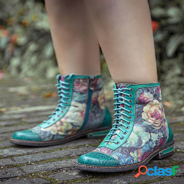 Socofy Casual Retro Floral Print Vera Pelle Embossing Lace
