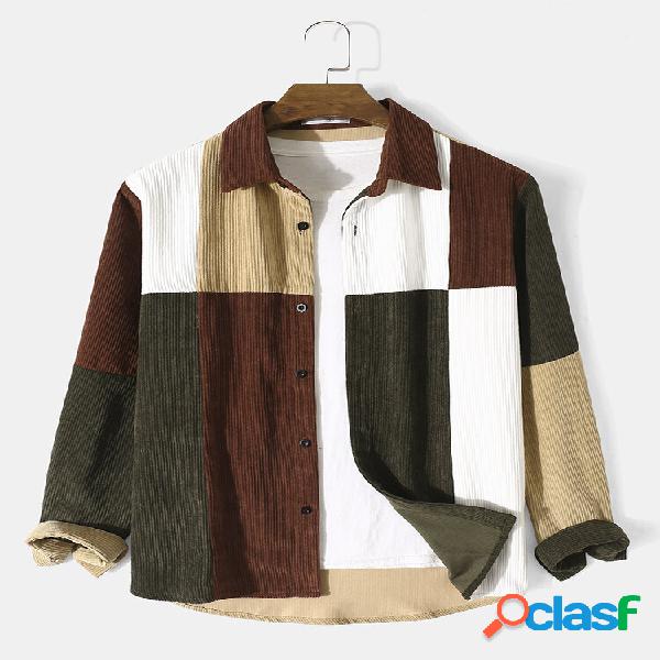 Uomo Velluto a coste Patchwork Contrasto Colore Block bavero