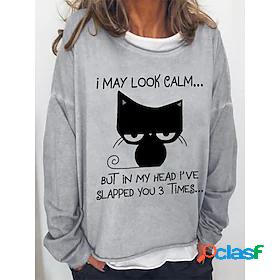 Womens Cat Letter Pullover Crew Neck Print Hot Stamping