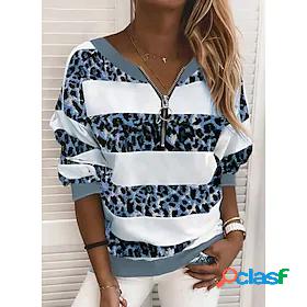 Womens Color Block Leopard Daily Weekend Long Sleeve Blouse
