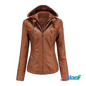 Womens Jacket Faux Leather Jacket Pocket Short Coat Black
