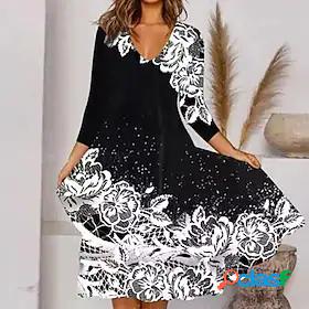 Womens Midi Dress A Line Dress White Long Sleeve Print