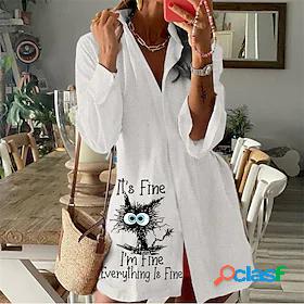 Womens Short Mini Dress Shift Dress White Long Sleeve Button