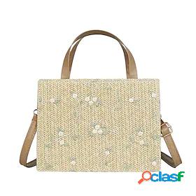 Womens Straw Bag Beach Bag Straw Top Handle Bag Zipper Daily