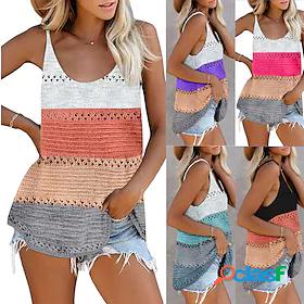 Womens Tank Hollow Out Stripe Basic Plain Spring Regular