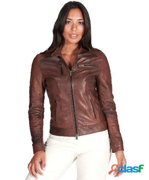 Giacca Biker In Pelle Naturale Marrone Effetto Liscio