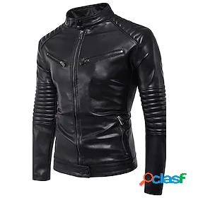 Mens Faux Leather Jacket Regular Coat Black Daily Fall Round