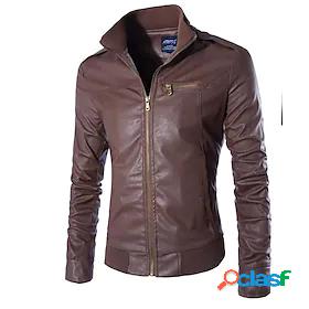 Mens Faux Leather Jacket Regular Print Normal Coat Black