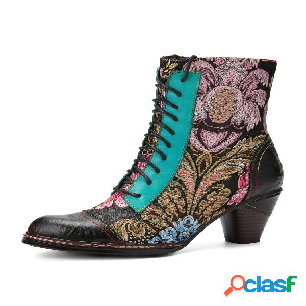 Socofy Retro Calico Ricamo Patchwork In Pelle Con Lacci