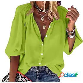 Womens Blouse Shirt Long Sleeve Solid Colored Round Neck V