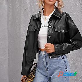 Womens Faux Leather Jacket Short Pocket Coat Black Casual