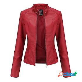 Women's Faux Leather Jacket Zipper Pocket Regular Coat Black