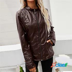 Womens Jacket Faux Leather Jacket Regular Pocket Coat Brown