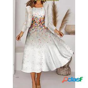 Womens Knee Length Dress Dress Set White 3/4 Length Sleeve