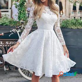 Women's Knee Length Dress Party Dress White Long Sleeve Lace