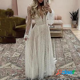Womens Maxi long Dress Party Dress Beige Long Sleeve Ruched