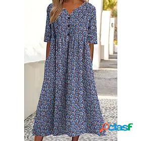 Womens Midi Dress A Line Dress Blue Black Half Sleeve Button