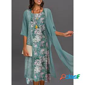 Womens Midi Dress Dress Set Green Blue Half Sleeve Print