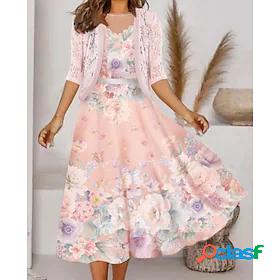 Womens Midi Dress Dress Set Pink Half Sleeve Lace Print