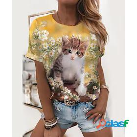 Womens T shirt Tee Cat Daisy Casual Holiday Weekend Floral