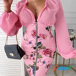 Abito tubino da donna corto mini vestito rosa manica lunga