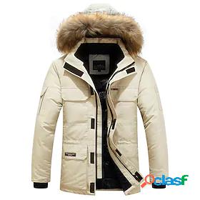 Men's Parka Full Zip Fur Trim Pocket Regular Coat White Blue