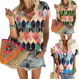 Womens Blouse T shirt Color Block Print Tropical Multi Color