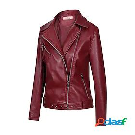 Womens Faux Leather Jacket Layered Regular Coat Black Pink