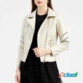 Womens Faux Leather Jacket Regular Pocket Zip Front Coat