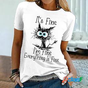 Women's Funny Tee Shirt Cat Graphic Patterned I'm Fine